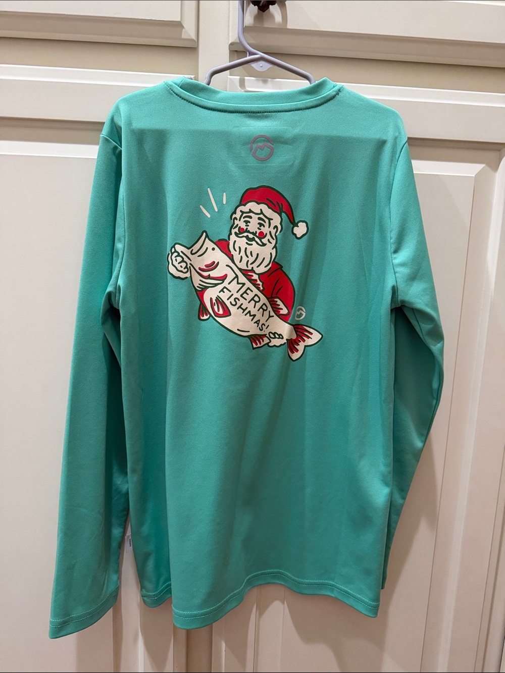 Boys Youth Medium Mint Green Long Sleeve Graphic Top Merry Fishmas Christmas